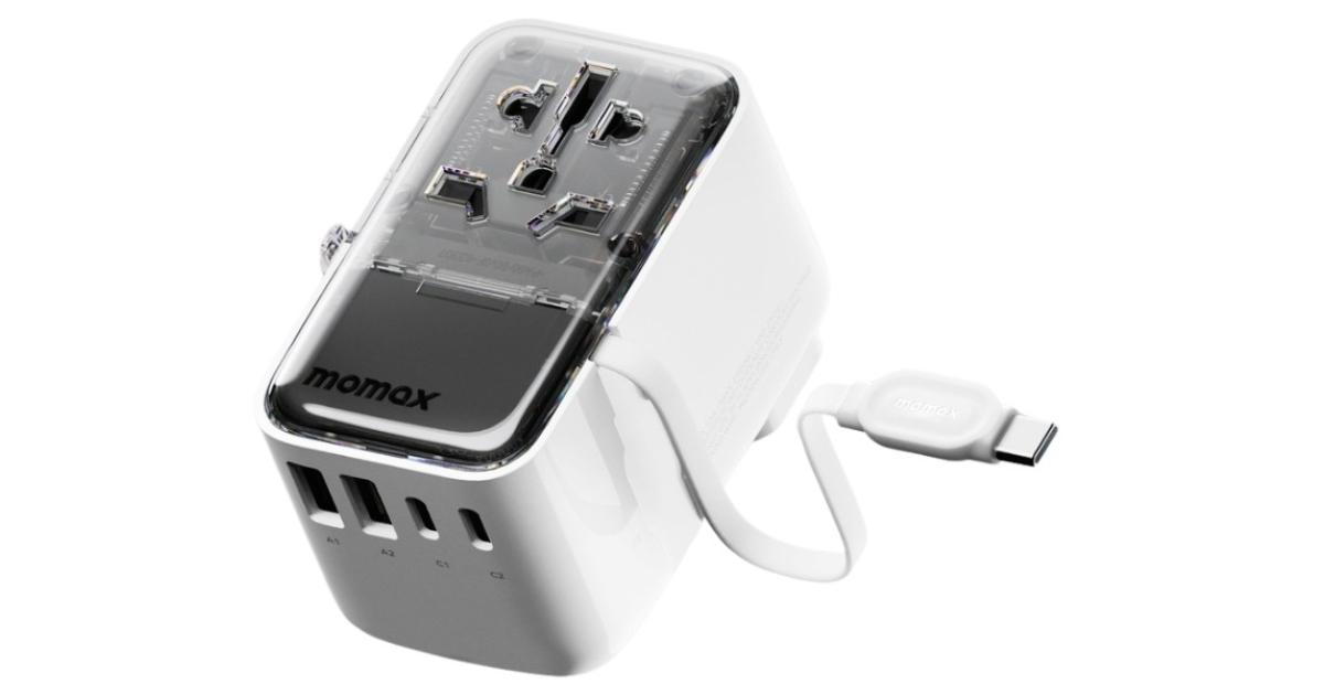 شاحن Momax World+ Flow 35W 4-Port is a universal travel featuring a compact and lightweight design. It includes 4 ports (2 USB-A and 2 USB-C) with a built-in retractable USB-C cable- White