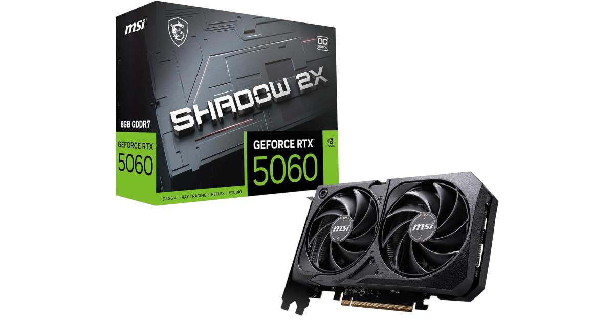 MSI GeForce RTX 5060 Ti 8G SHADOW 2X OC PLUS 8GB GDDR7 128-Bit Memory, 2602 MHz Boost Clock, 28 Gbps Memory Speed, 4608 CUDA Cores, PCI Express Gen 5