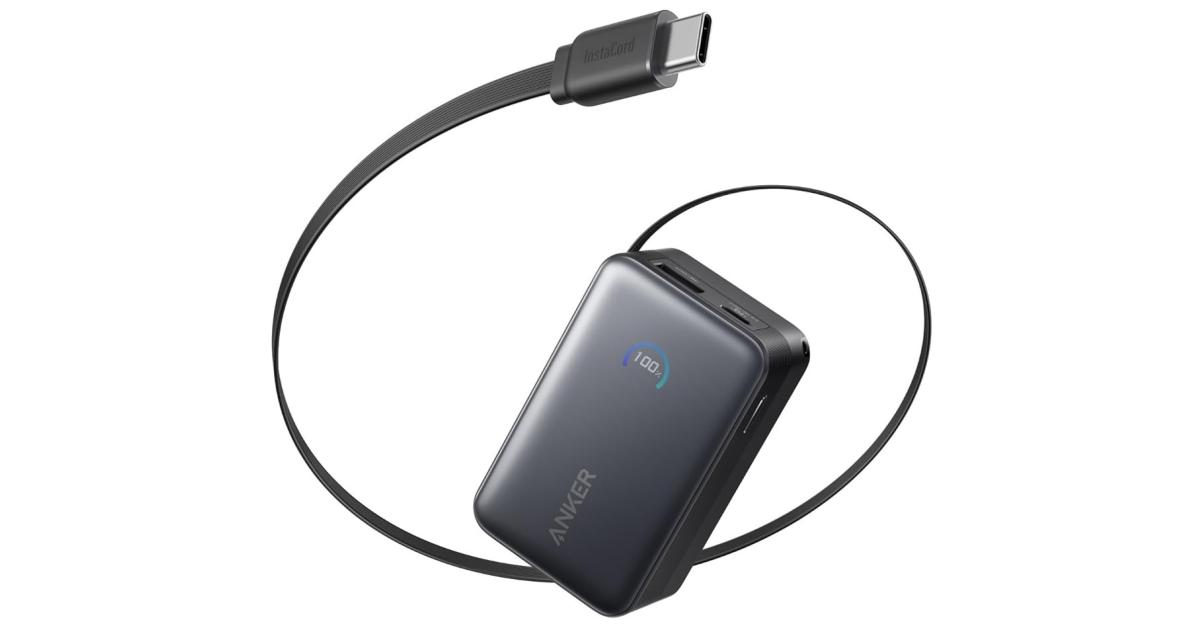 باور بنك (شاحن متنقل) Anker Nano , 10,000mAh Portable Charger with 2.3 ft InstaCord Retractable Cable, 45W Max Compact Battery Pack, Smart Display, for iPhone 16 Series, iPad, Galaxy, Pixel, and More - Black
