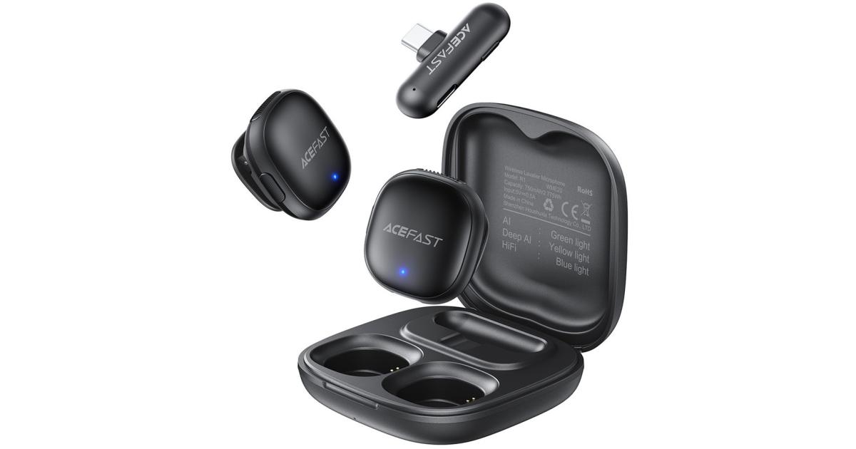 ACEFAST R1 Wireless Lavalier Dual Microphone For iPhone Android USB-C 360° Omnidirectional Deep AI Noise Cancellation - Black