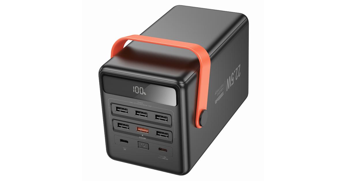 باور بنك (شاحن متنقل) HOCO J142 with Ultra Large 100,000mAh capacity, 22.5W PD20W Dual Type-C port input, Single Type-C and 6 × USB-A Ports Outputs, LED Digital Display of Power Level, Indicator of Fast Charging, With LED Lamp and Handle - Black