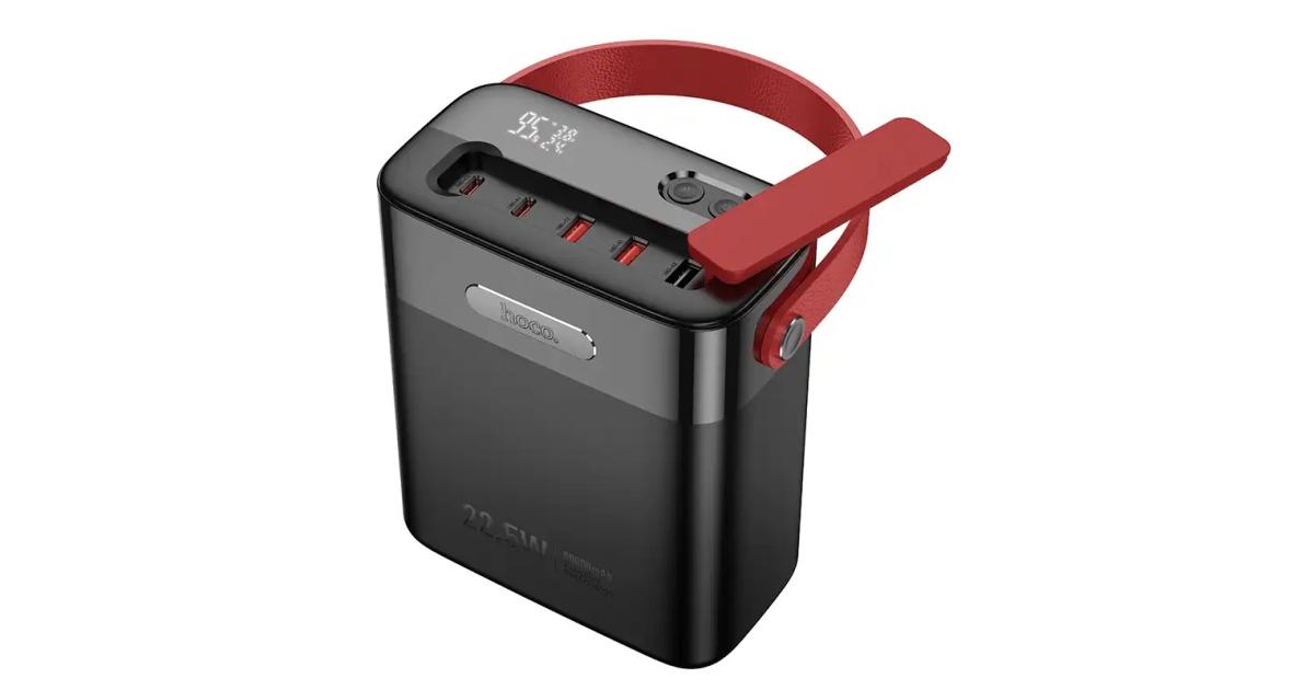باور بنك (شاحن متنقل) HOCO J143 Title with Ultra Large 80,000mAh capacity, 22.5W+PD20W Fully Compatible, Dual Type-C and triple USB-A ports output, LED digital display. Indicator of fast charging. With flashlight and lamp - Black