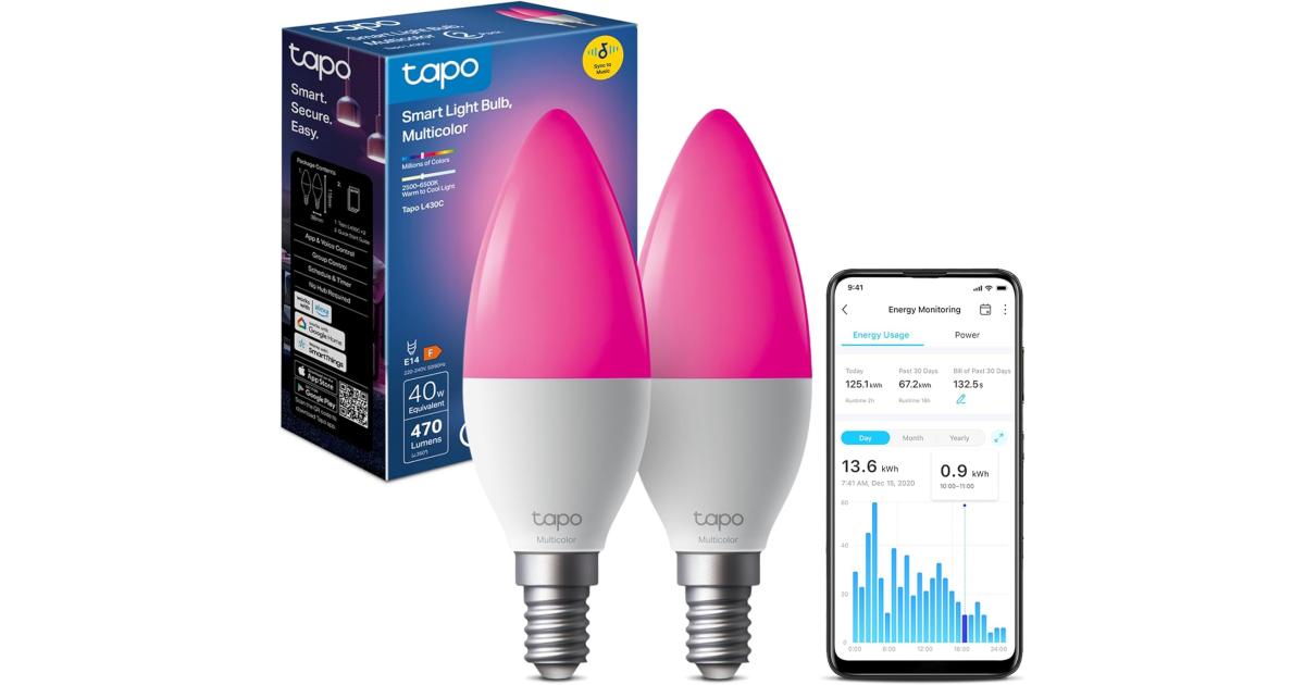 Tapo L430C (2-Pack) Smart WiFi Light Bulb E14, 470 Lumens, 16 Million Colours, Dimmable, Schedule & Timer, Energy Monitoring, Compatible with Alexa, Google Assistant and Samsung SmartThings