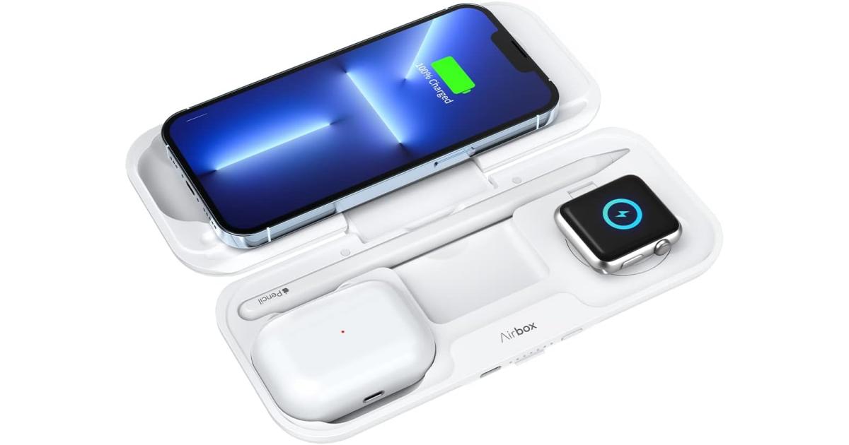 باور بنك (شاحن متنقل) MOMAX Airbox Multi-Device Wireless Charging , Foldable 5 in 1 Wireless Charging Station, 10000mAh MFi Certified for iPhone 15/Plus/Pro/Pro Max,14,13 Series, Apple Watch, AirPods and More - White