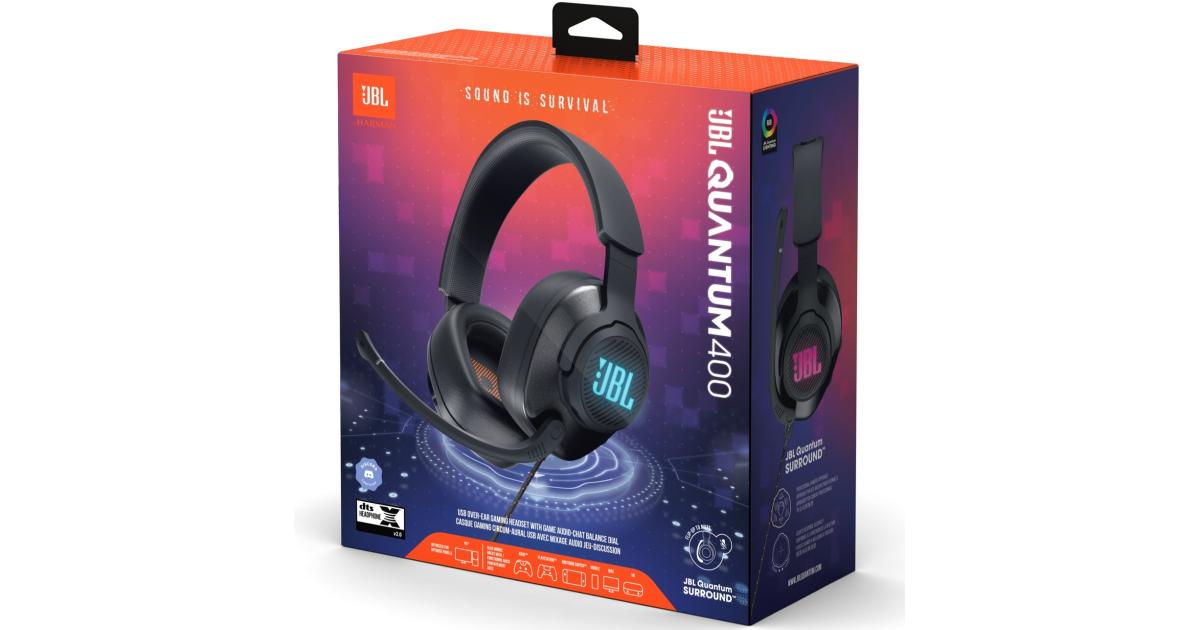 سماعة ألعاب (رأس) JBL Quantum 400 - USB over-ear with game-chat balance dial, JBL QuantumSURROUND and DTS, Voice focus directional flip-up mic and memory foam ear cushions - Black