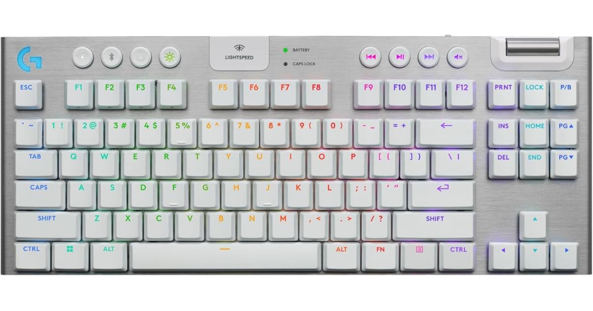 كيبورد ألعاب ميكانيكي Logitech G915 X Lightspeed TKL Wireless , Double-Shot PBT Keycaps, Fully Programmable Keys, RGB Backlit Mac/PC Gaming Keyboards, Aluminum Finish, GL Clicky Switches, White
