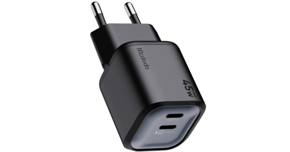 شاحن حائط Mcdodo Gana Mini 45W GaN Charger – 2-Port Fast with Dual USB-C, Compact Design, Compatible with Laptops, Tablets, Smartphones & More - Black