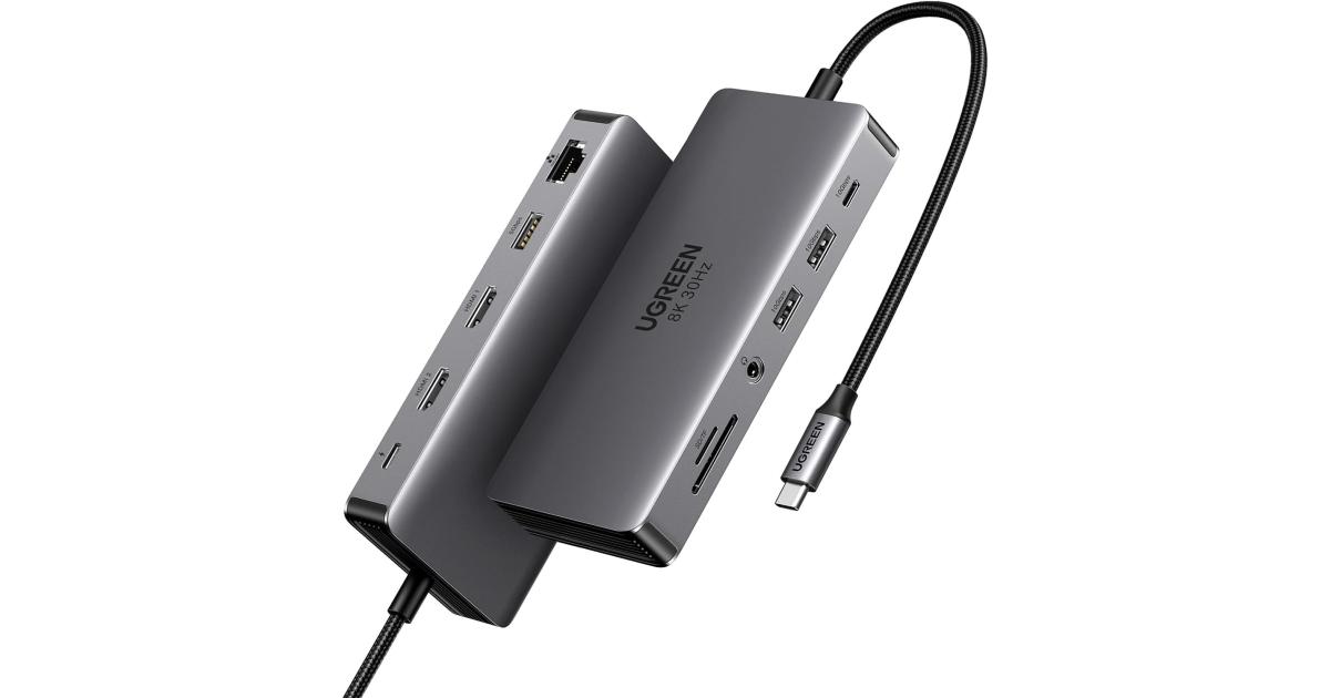 لابتوب UGREEN 11 in 1 Docking Station USB C Dock Dual HDMI 4K@60Hz Single 8K@30Hz 10Gbps Data Port 100W PD Gigabit Ethernet, SD/TF Card Reader Compatible for Thinkpad, Zenbook and more