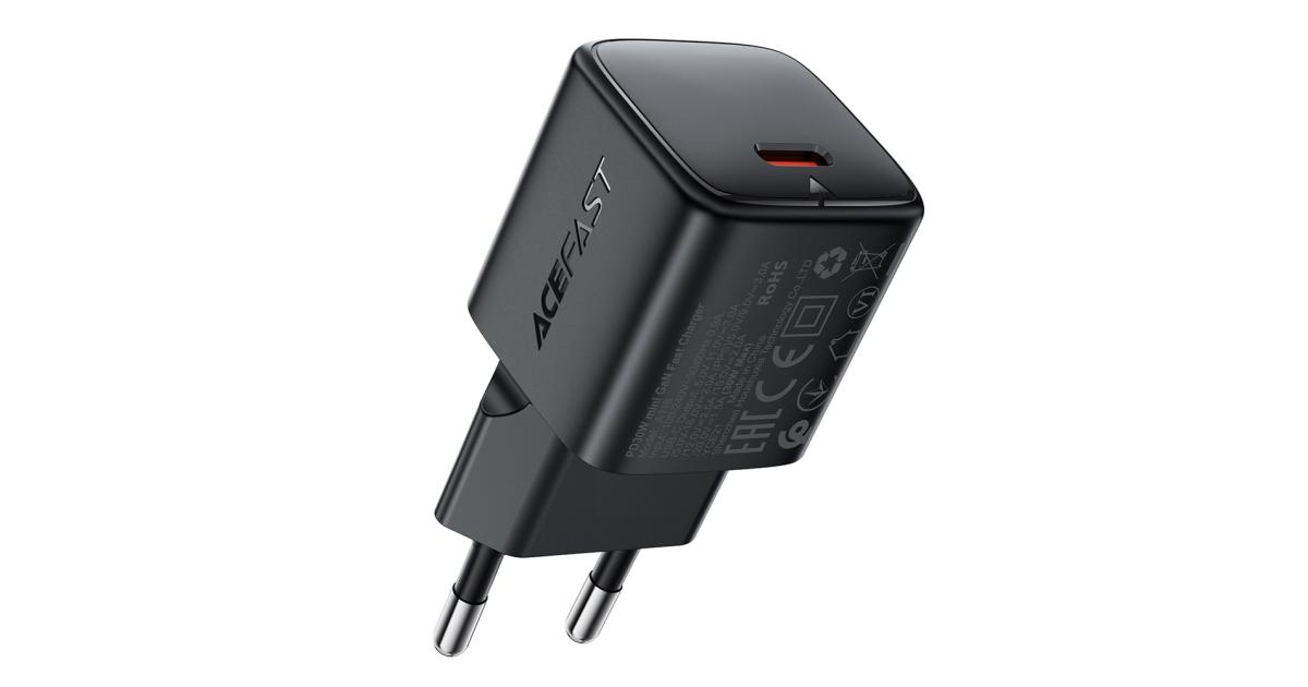 شاحن ACEFAST A118 PD 30W USB-C Fast Mini GaN Power Adapter Charging Block - EU Plug - Black