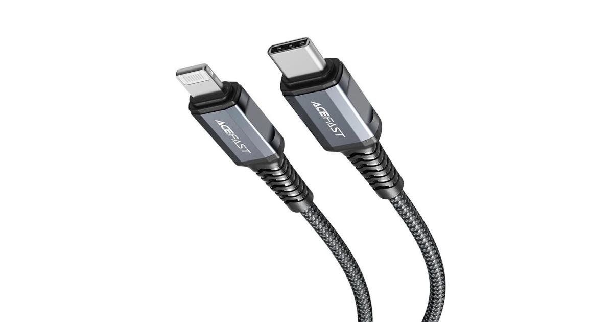 ACEFAST C23-01 Type-C to Lightning 30W PD Fast Charging Cable 1.2m Braided, USB-C to iPhone, Smart Chip, Reinforced Zinc-Alloy Connectors USB 2.0 Data Sync, Durable for iPhone/iPad - Black