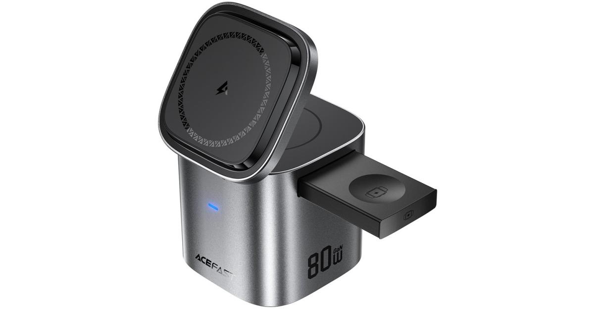 شاحن ACEFAST Z9 80W 6-in-1 GaN Desktop Charging Station Multi-Function Fast Adapter Built-In USB-C Cable, EU Plug