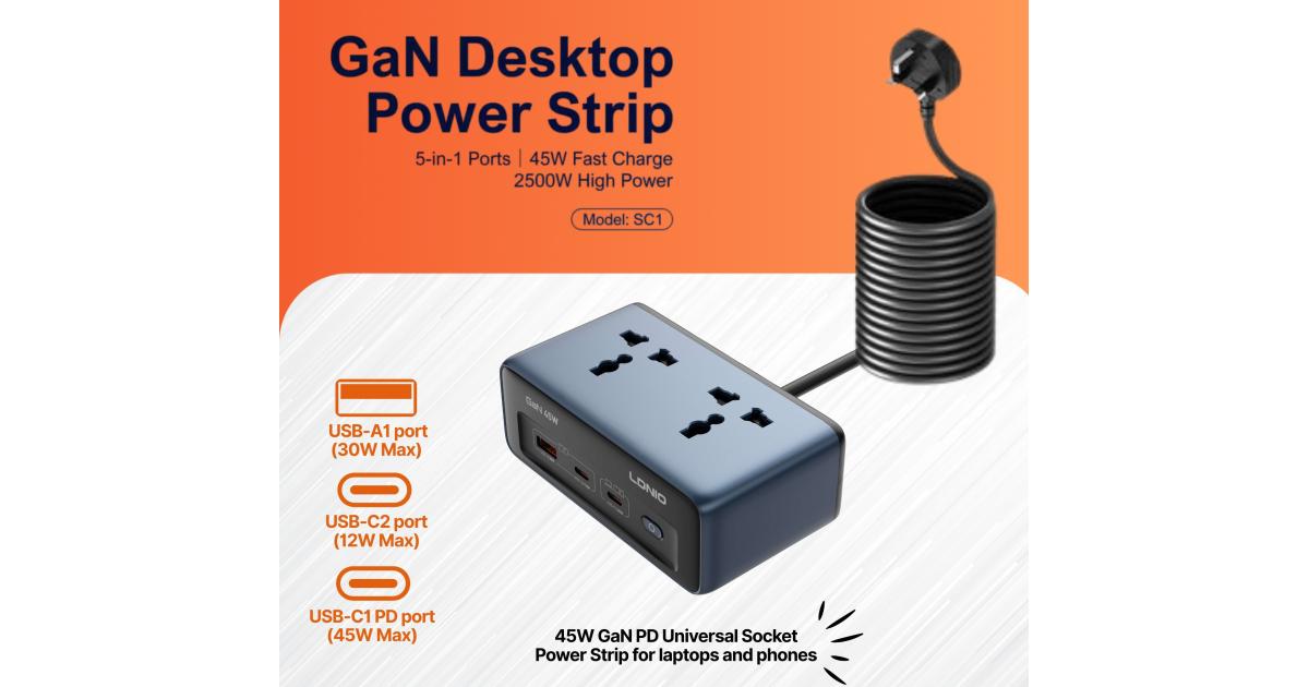 LDNIO SC1 45W PD Adapter 2500w Universal Socket Power Strip 45W High Power, Fast Charge For Tablets & phones which support PD3.0 and QC3.0