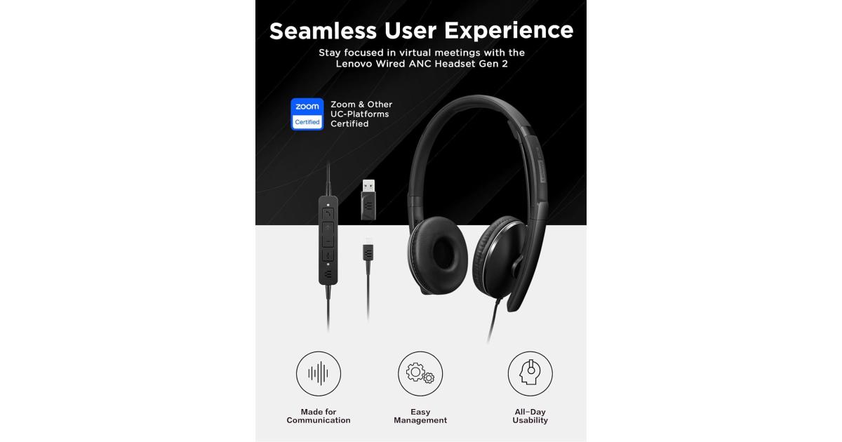 سماعة رأس Lenovo Wired ANC , USB-C and USB-A connectivity, Zoom Certified, Active Noise Cancellation, Hearing Protection, 145g Lightweight Comfortable Design, Replaceable Earcups, Business