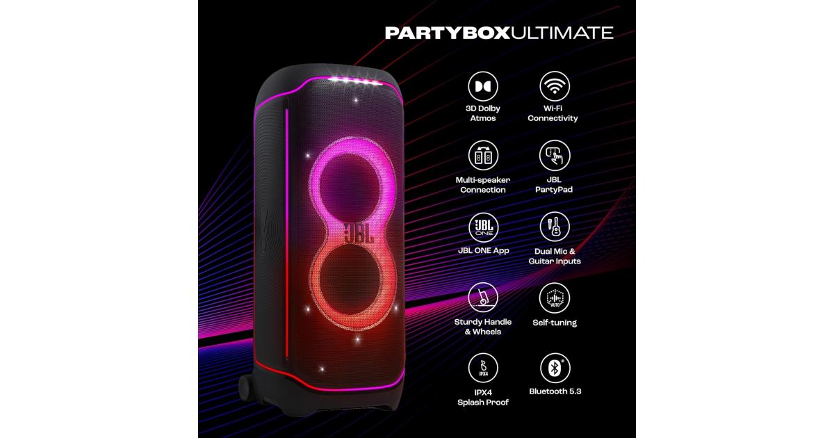 JBL PartyBox Ultimate 1100W Party Speaker, Dolby Atmos for 3D Sound, Wi-Fi 6 & BT, Starry LEDs & Lighting Effects, 6 Drivers for Balanced Audio, 2 x Mic Inputs & Guitar Jack, Black