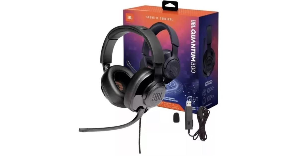 سماعات JBL Quantum 300 - Wired Over-Ear Gaming with JBL Quantum Engine Software Foam Ear Cushions 3.5 mm & USB Adapter- Black