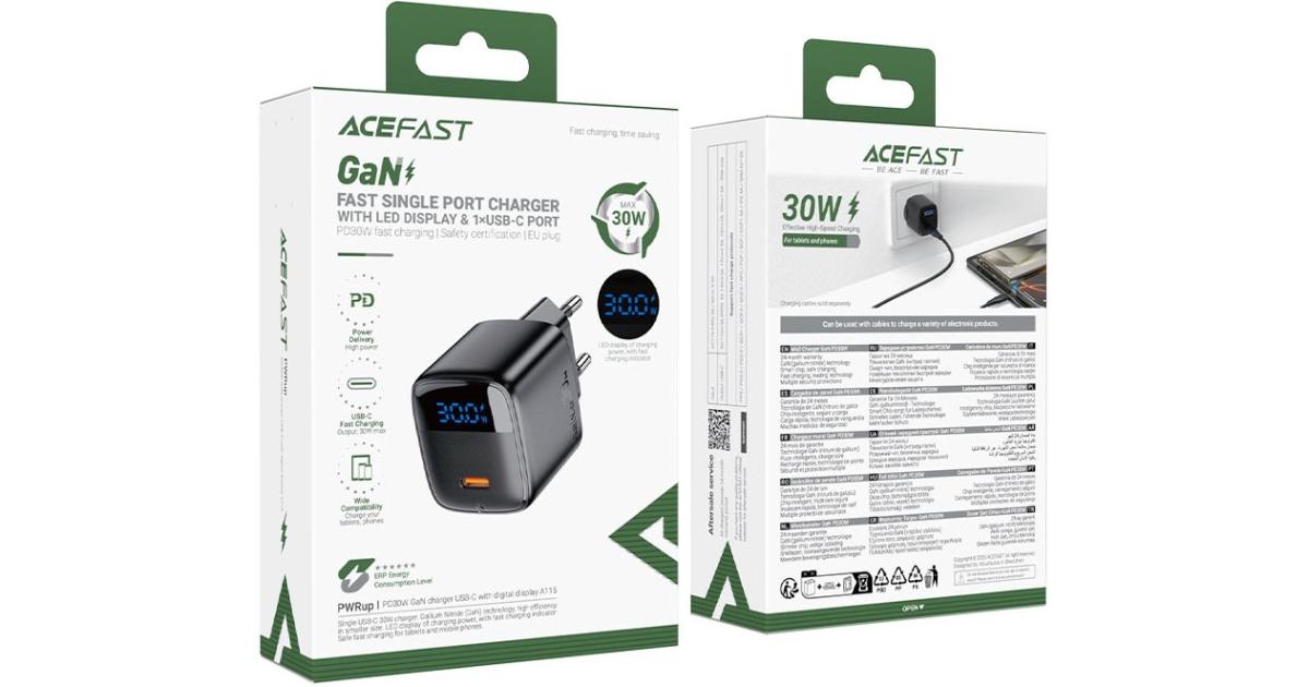 شاحن حائط ACEFAST A113 Fast Charge 20W GaN LED Digital Display Multiple Safety Protection 1x USB-C - EU Interface