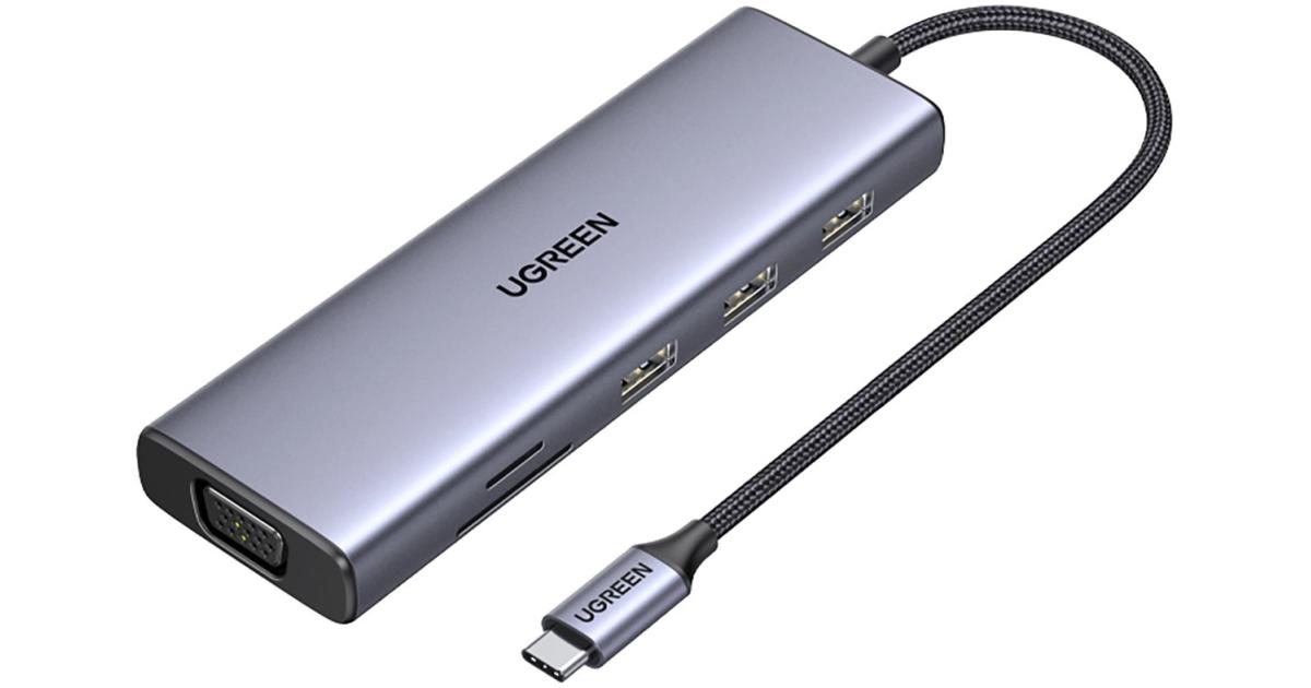 Ugreen CM498 15600 USB-C Adapter - 3x USB-A 3.0 / HDMI / VGA / RJ45 / SD / TF Card Reader / USB-C PD - Gray