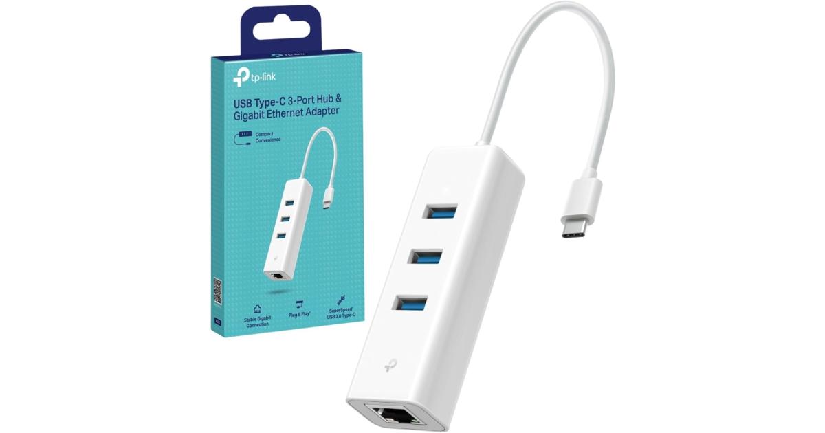 TP-LINK UE330C USB Type-C 3-Port Hub & Gigabit Ethernet Adapter, 3 x USB-A 3.0 Ports, 1 x USB-C 3.0 Connector, Supports Windows, macOS, Chrome OS, and Linux, White