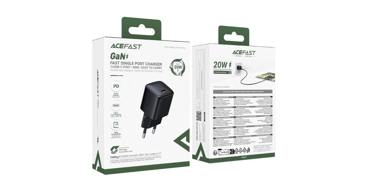 شاحن حائط ACEFAST A117 Fast Charge 20W GaN Flame-Retardant PC Safety certification 1x USB-C - EU Interface