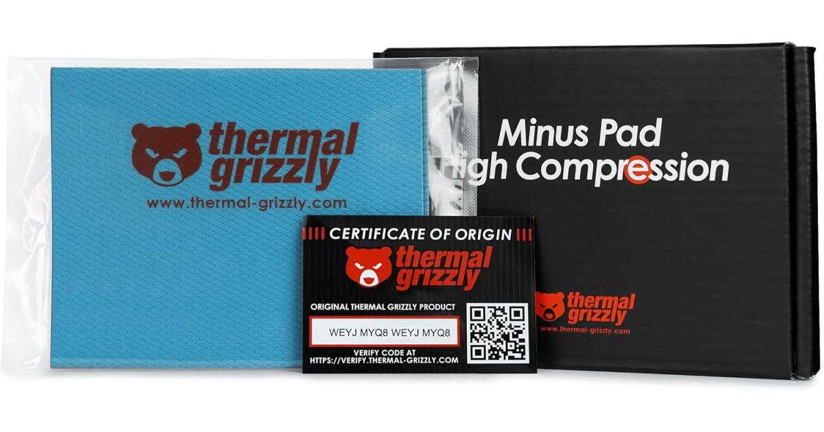 Thermal Grizzly Minus Pad High Compression - 120x100x1.0mm 2-Pack Thermal Interface Pad, Electrically Non-Conductive, High Thermal Conductivity & High Compressibility for SSDs, GPUs & Electronics