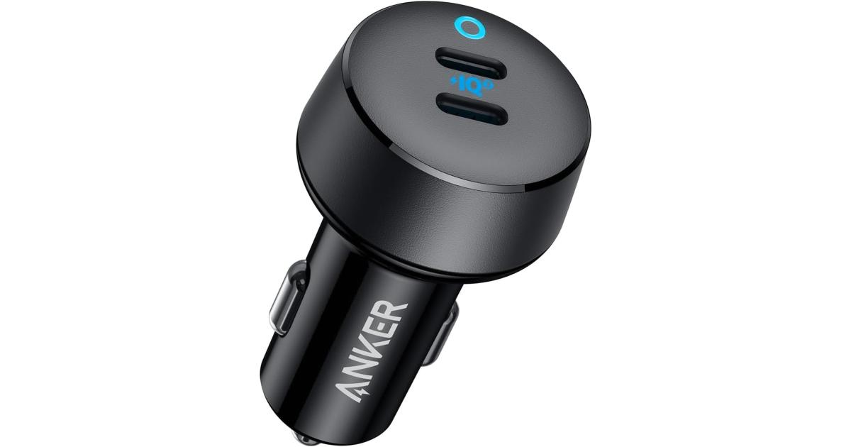 شاحن سيارة Anker 323 , 52W, Dual Port High-Speed Charging, USB-C + USB-A Ports, Universal Compatibility with Power IQ 3.0, Compact Design, Matte Finish, LED Light, Black