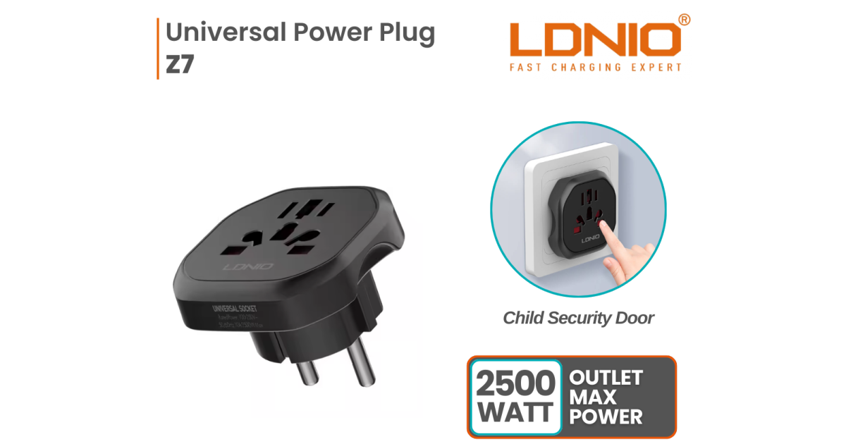 LDNIO Z7 Universal Travel Adapter with Power Strip | 4-in-1 International Plug Converter (UK, US, EU, AU) | 2500W Surge Protected Power Socket | Compact & Child-Safe