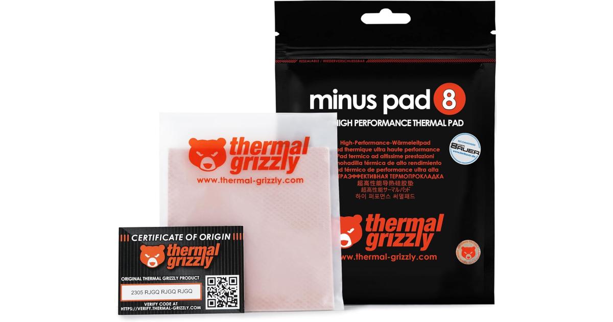 Thermal Grizzly TG-MP8 Minus Pad 8 High Performance Thermal Pad, High Thermal Conductivity, High Compressibility, 100x100x0.6mm Dimension