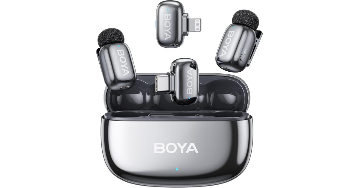 BOYA mini 2-01 (Type-C & Lightning) Wireless Microphone for iPhone & Android, AI Noise Cancellation,App Control, 48k Hz/24 Bit, 30H Battery Life with Charging Case,Lapel Microphone Wireless for Video Recording Vlog Streaming , Silver