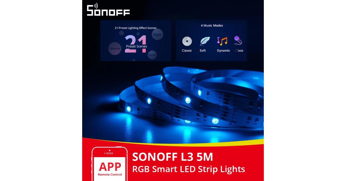 SONOFF 5M L3 LED Strip, WiFi 5050 RGB Strip, 16 Million Colors, Adjustable Brightness Mode, Compatible with Alexa/Google Home/SmartThings, for Bedroom, Party