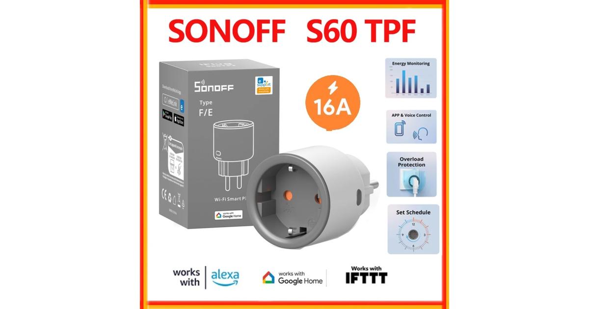 SONOFF S60TPF WiFi Smart Socket 16A 4000W Smart Plug with Current Measurement, Overload Protection, Voice Controlled, Compatible with Alexa/Google Home (WiFi 2.4)