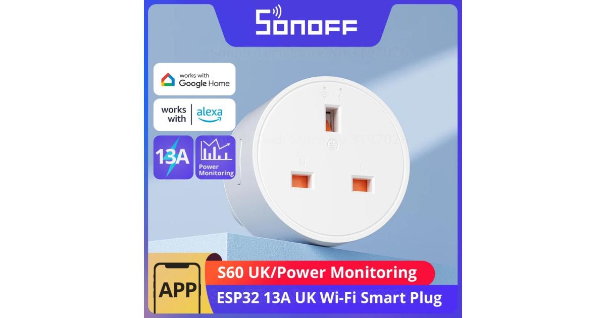 SONOFF S60 13A UK WiFi Smart Plug Socket Mini with Energy Monitoring, Remote Control, Smart Scheduling, Works with Alexa/Google Home/IFTTT, 2.4 GHz, No Hub Required