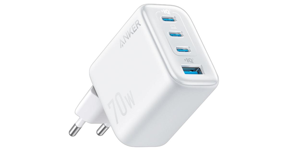 لابتوب آبل MacBook Anker Zolo USB C Wall Charger, 4-Port, PD 3.0 Wall Adapter with 70W Max Output, 3 USB-C and 1 USB-A, Compact and Stable Design, for iPhone 17/16 Series, , iPad, Pixel, Galaxy, and More (White)
