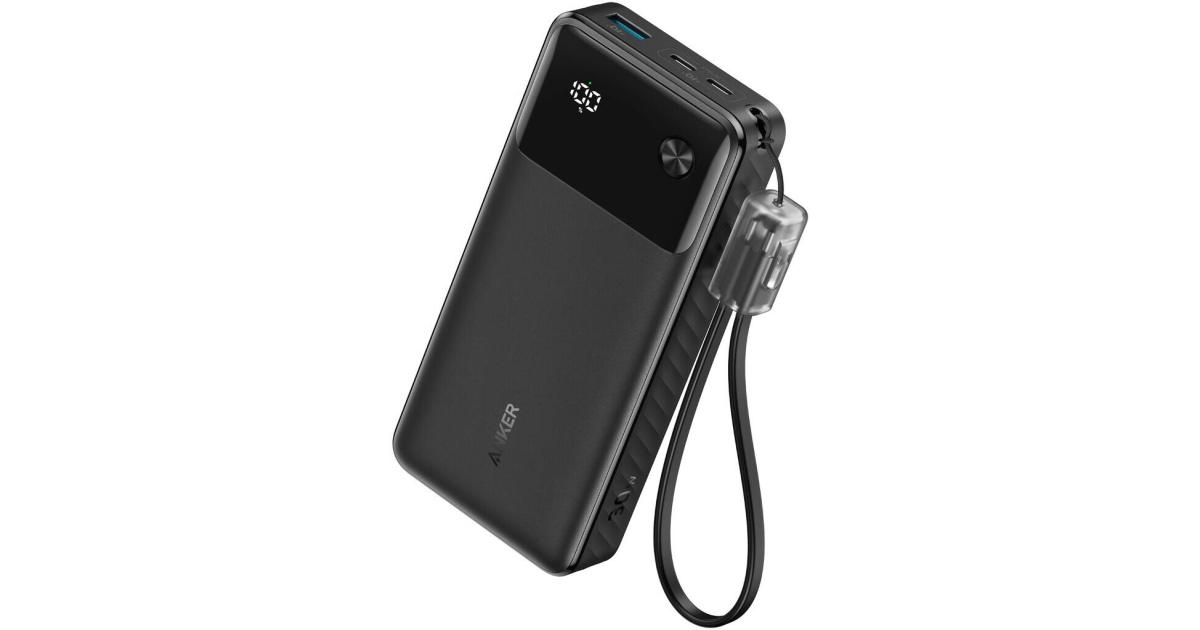 باور بنك (شاحن متنقل) Anker , 20,000mAh Portable Charger With 30W Max PD Fast Charging, 3-way Output, Digital Display, Eco Friendly Design, 2 x USB-C & USB-A Ports - Black