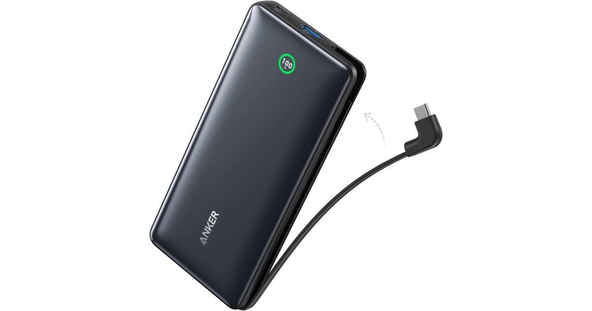 باور بنك (شاحن متنقل) Anker Nano 20000mAh, 30W Fast Charging, Built-In USB-C Cable, Smart Display, PPS Fast Charging for iPhone 15, Samsung S23 Ultra, Compact & Portable Charger - Black