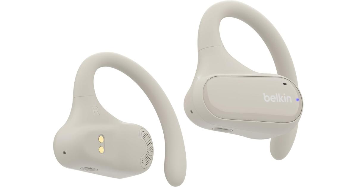 سماعات أذن لاسلكية Belkin SoundForm ClearFit مفتوحة الأذن، سماعات رياضية خفيفة الوزن، سماعات أذن بلوتوث مع راحة طويلة الأمد، سماعات أذن مقاومة للماء IPX5 لهواتف iPhone، المشي لمسافات طويلة، ركوب الدراجات، الجري، والمزيد - رمل