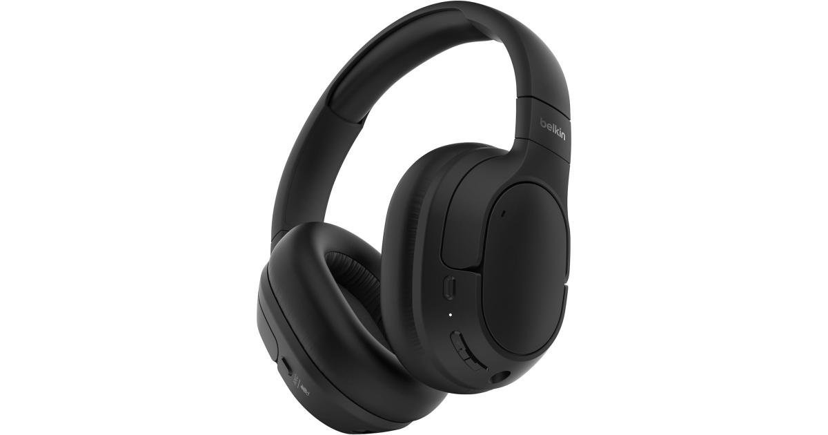 سماعات Belkin SoundForm Isolate Active Noise-Cancelling Wireless , over ear with mic, Bluetooth with 60H playtime, deep bass, CloudCushion ear cups for travel, home, office - Black