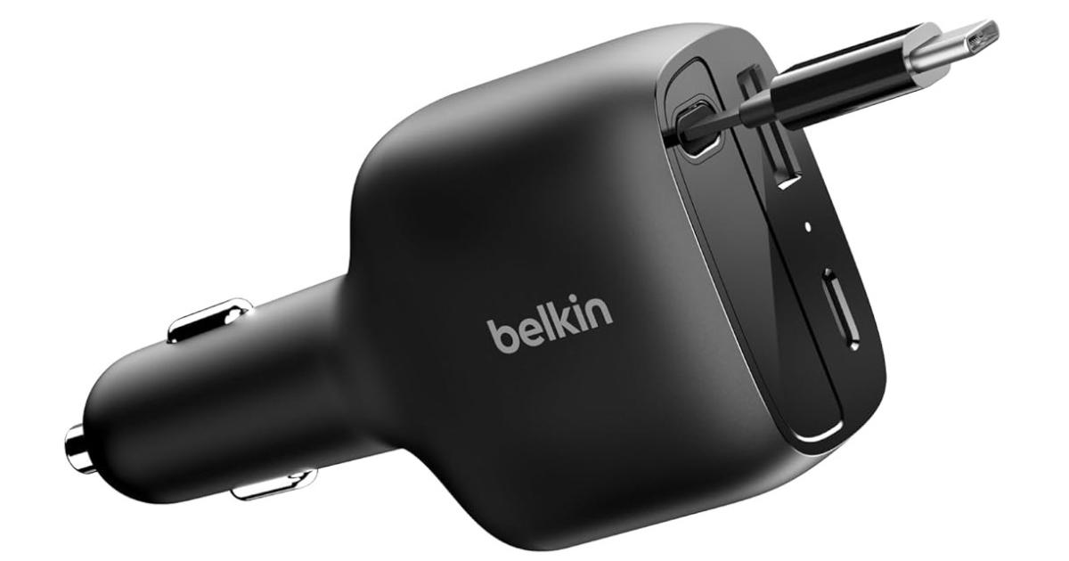 لابتوب آبل MacBook Belkin USB C Car Charger 75W w/ 30in Retractable USB C Cable - iPhone Charger, Compatible with iPhone 17 & 16 Series, Galaxy S25 Series, AirPods, Tablet, , Chromebook, etc. - Black