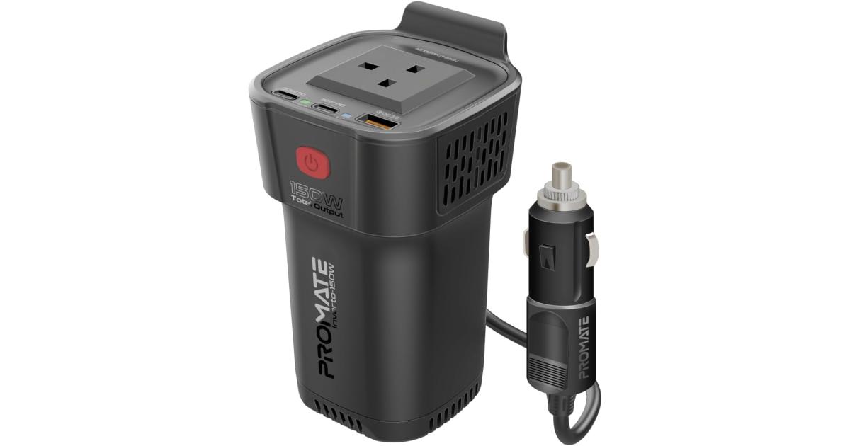 Promate 4-In-1 Multi-Port DC to AC Car Power Inverter with 150W AC Socket, Dual PD30W USB-C Ports, QC18W USB-A Ports, LED Power Indicators, Dedicated AC ON/OFF Button, Charge Protection - Black