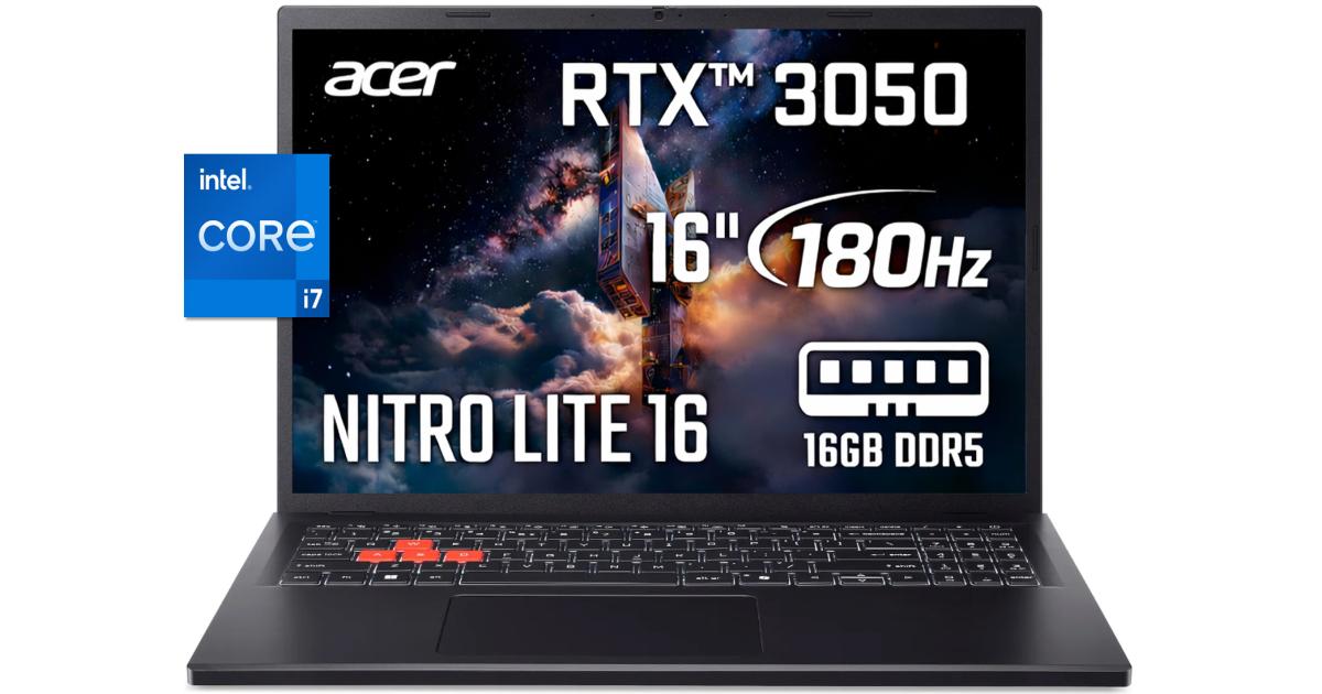 Acer Nitro Lite 16 (2025) NL16-71G-76UF 13Gen Intel Core i7 10-Cores w/ DDR5 Memory & Nvidia RTX 3050 6GB & 180 Hz Display - Black