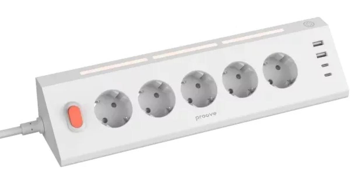 Proove Prism Socket surge protector includes 5 standard sockets, 2 USB Type-C ports, and 2 USB-A ports - White