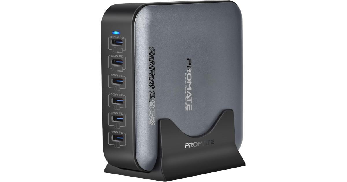 شاحن Promate PowerBase-GaN285 285W GaN Charging Station, 6-Port USB-C Desktop with PPS, 100W/65W/30W Outputs, Overheat Protection, Stand and 1.5M Cable, for MacBook, iPhone, Galaxy - Black