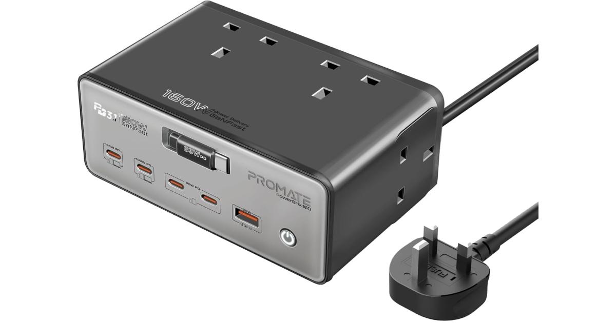 Promate PowerBrix-160 GaNFast 160W Charging Hub, Quad 3250W AC Sockets, 140W PD3.1 Usb-c, 100W USB-C, Dual 30W USB-C PD, 30W USB-A, Retractable Cable, 3m Power Cord - Gray
