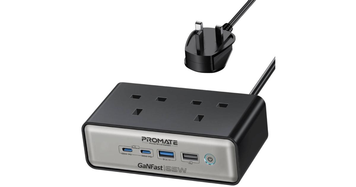 Promate PowerBrix2-GaN65 65W Power Delivery GaNFast Charging Station with 3250W Dual AC Socket, GaN Technology, Dual USB Port, Multi Protection System, Black | PowerBrix2-GaN65 - Black