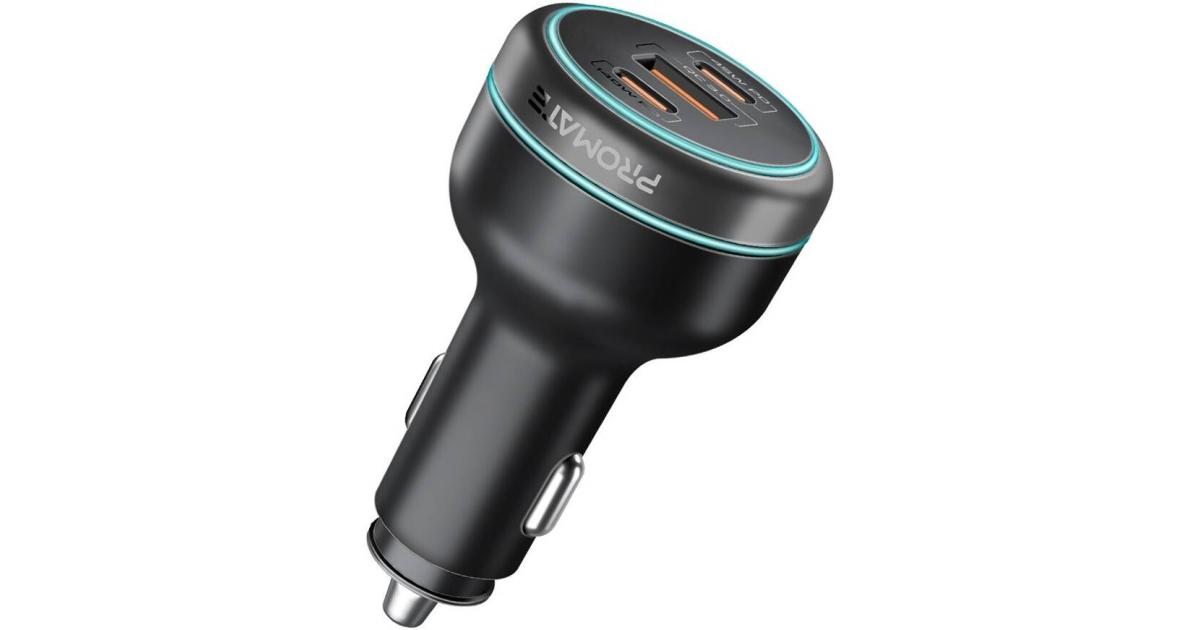 شاحن سيارة Promate 230W Power Delivery, Rapid Charger With Dual USB-C Port 140W / 45W, & USB-A 3.0, 45W, for Laptop, Smartphone, Black