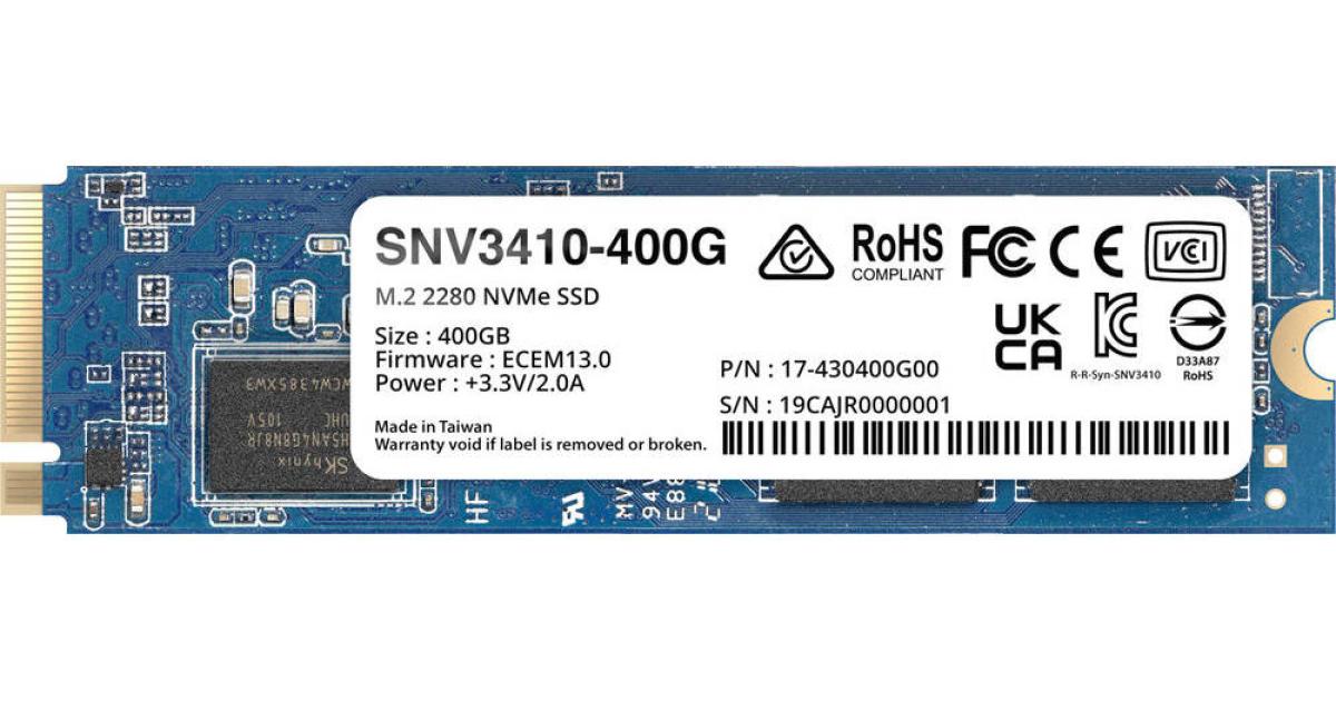 وحدة تخزين SSD داخلية Synology SNV3410 400GB NVMe M.2 2280 , Up to 3000 MB/s Sequential Read & 750 MB/s Sequential Write Speed, PCIe 3.0 x4 Interface, 491 TBW, 1.8M Hours MTBF