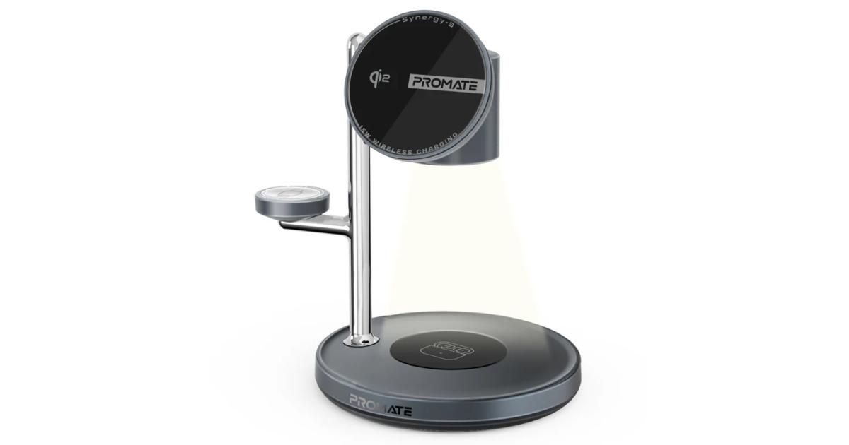Promate Synergy 4-in-1 Qi2 Certified MagSafe Compatible Wireless Charging Station w/ Soft-Glow Night Lamp - Black