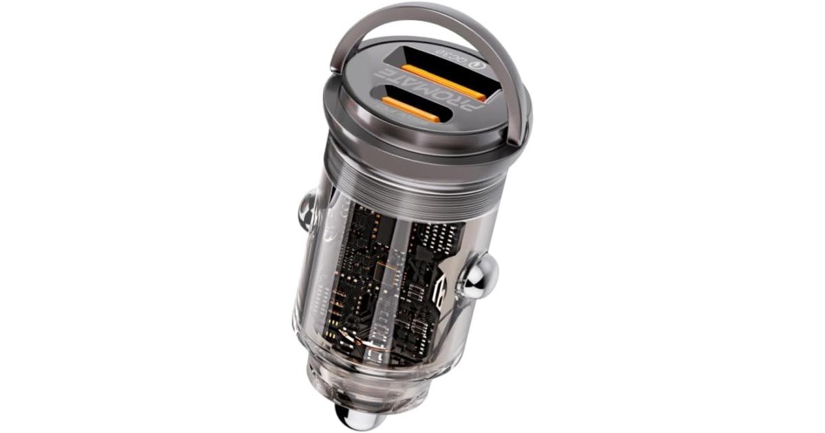 شاحن سيارة Promate , Transparent 65W Ultra-Compact Car Adapter with USB Type-C Power Delivery Port, USB-A Port, Mini Handle and Heat Protection compatible for iPhone 17, Galaxy 23