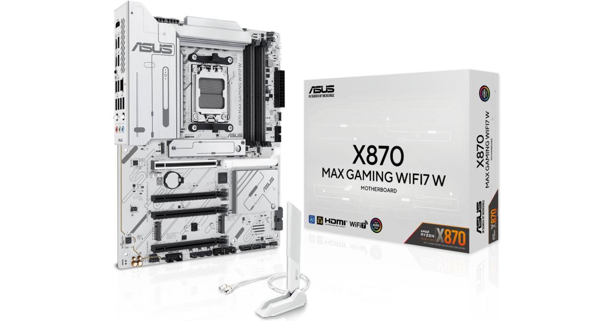 لوحة أم (Motherboard) ASUS X870 MAX GAMING WIFI7 W AM5 ATX , AMD X870 Chipset, 4x DDR5 DIMM Slots, Up to 256GB Max Memory, 1x PCIe 5.0 x16, 3x M.2 Slots, Wi-Fi 7 & Bluetooth v5.4, White