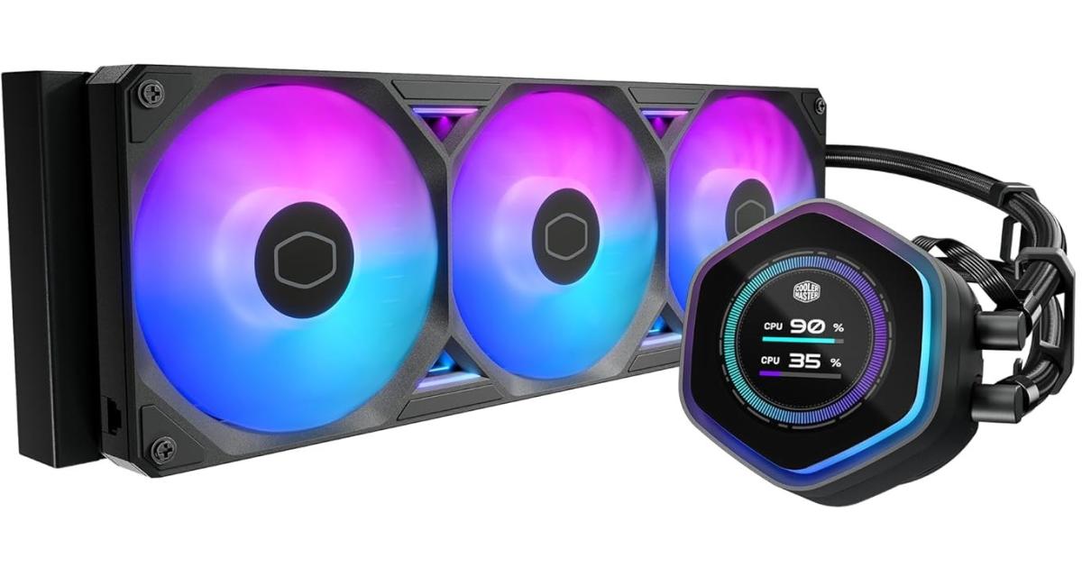 معالج Cooler Master Atmos II 360 LCD AIO Liquid Cooler – 360mm Radiator, Customizable LCD Display, 3X ARGB PWM Fans, Dual-Chamber Pump, Ultra-Quiet Performance, AMD AM5/AM4 & Intel LGA 1851/1700, Black