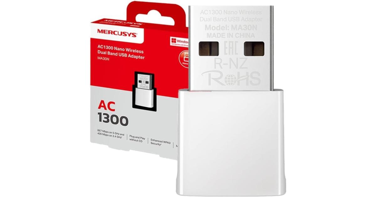 Mercusys MA30N USB WiFi Adapter, AC1300Mbps, Network Card, Nano Card, Dual Band, USB 2.0, WPA3, Plug & Play, Windows 11/10